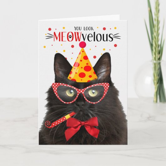 Black Fluffy Cat MEOWvelous Birthday Karte (Vorderseite)