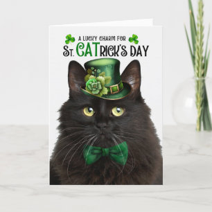 Black Fluffy Cat St. CATrick's Day Lucky Charm Feiertagskarte