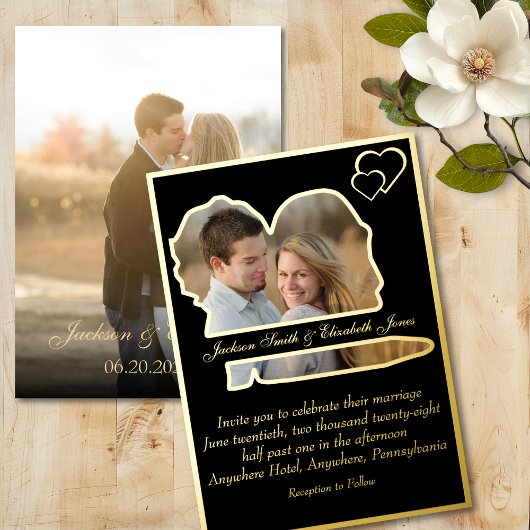 Black Foil Brie and Groom Shape Foto Wedding Folieneinladung