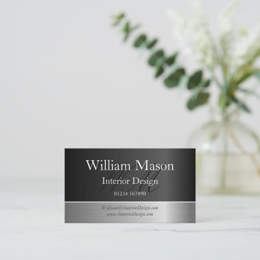 Black Foil & Steel Effect, Monogram Business Card Visitenkarte (Stehend Vorderseite)