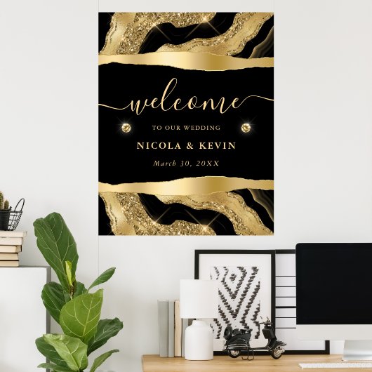 Black Foil und Gold Glitzer Agate Wedding Willkomm Poster (Heimbüro)
