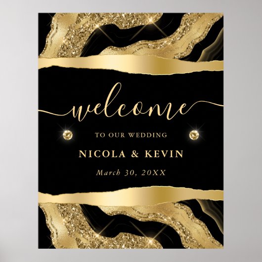 Black Foil und Gold Glitzer Agate Wedding Willkomm Poster (Vorne)
