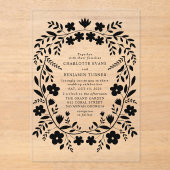 Black Folk Art Floral Wedding Acryleinladungen (Vorderseite)