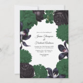 Black & Forest Green Photo/QR Code Floral Wedding Einladung (Vorderseite)