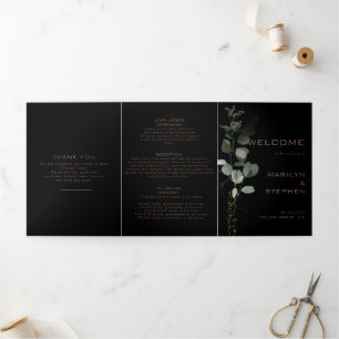Black Formal Minimal Dreifach-Hochzeitsprogramm Dreifach Gefaltete Einladung