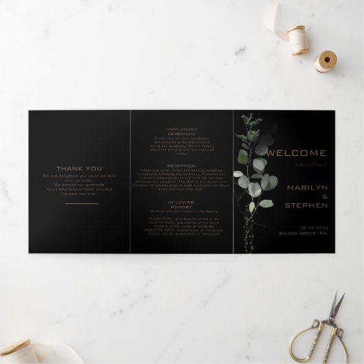 Black Formal Minimal Dreifach-Hochzeitsprogramm Dreifach Gefaltete Einladung (Außenbereich)