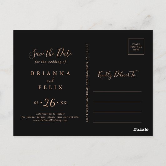 Black Formal Royal Floral Save the Date Postkarte (Rückseite)