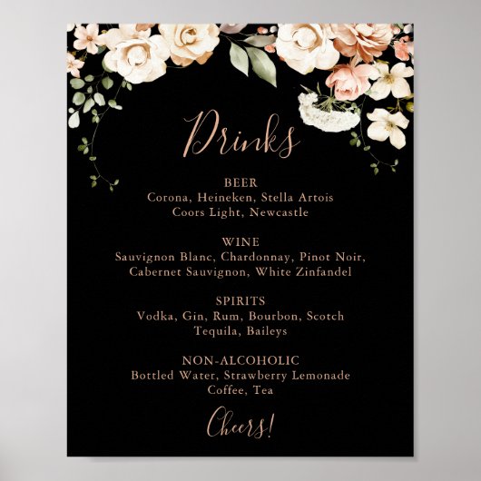 Black Formal Royal Floral Wedding Drinks Menü Zeic Poster (Vorne)
