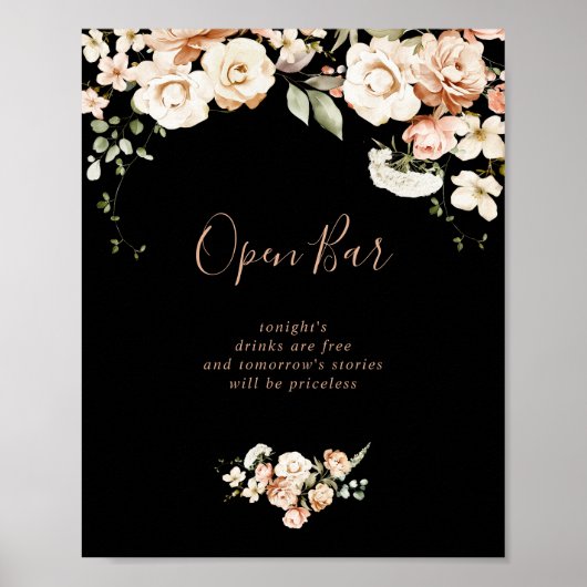Black Formal Royal Floral Wedding Open Bar Sign Poster (Vorne)