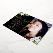 Black Foto Bat Mitzvah Floral Script Real Gold Folieneinladung (Gedreht)