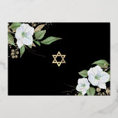 Black Foto Bat Mitzvah Floral Script Real Gold Folieneinladung (Rückseite)
