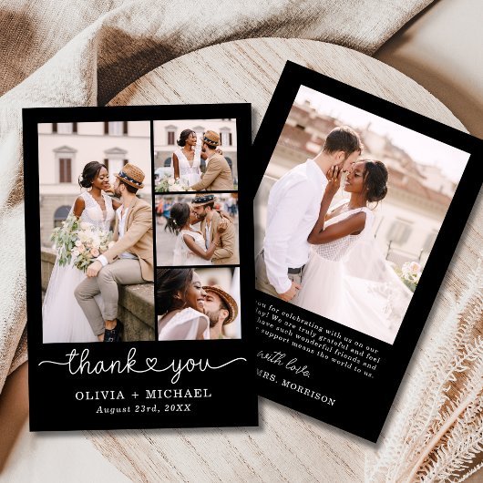 Black Four Foto Collage Script Hochzeit Dankeskarte