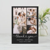 Black Four Foto Collage Script Hochzeit Dankeskarte (Stehend Vorderseite)