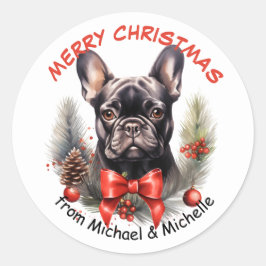 Black French Bulldog Christmas Red Bow Wreath Runder Aufkleber