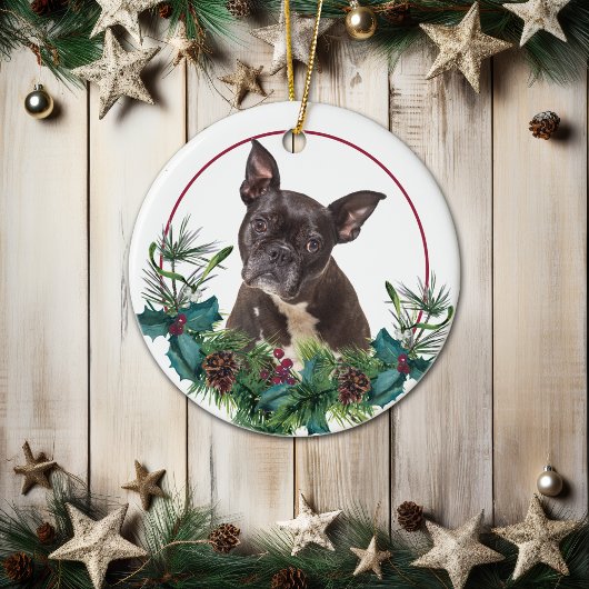 Black French Bulldog Evergreen Berry Wreath Keramik Ornament