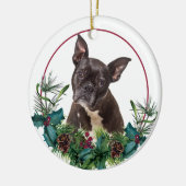 Black French Bulldog Evergreen Berry Wreath Keramik Ornament (Links)