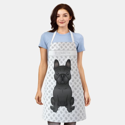 Black French Bulldog / Frenchie Cartoon Dog & Name Schürze (Getragen)