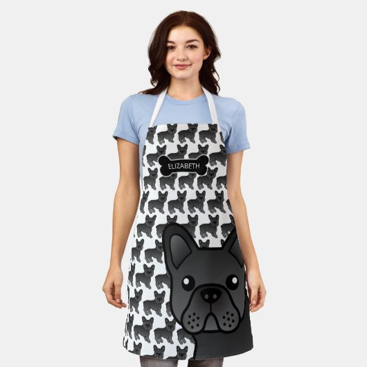 Black French Bulldog Niedlicher Cartoon Dog & Name Schürze (Getragen)