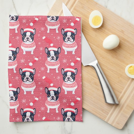 Black French Bulldog Weihnachtsküche Handtuch (Viertel Falte)