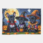 Black French Bulldogs Pumpkin Halloween Funny Funn Geschirrtuch (Horizontal)