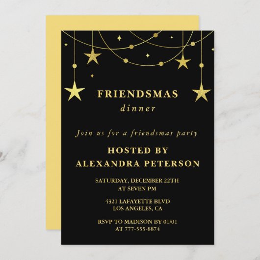 Black Friendsmas Einladungen Gold Stars (Vorne/Hinten)