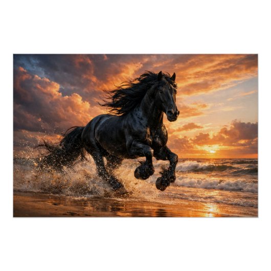 Black Friesian Horse at Sunset, Powerful Beach Run Poster (Vorderseite)