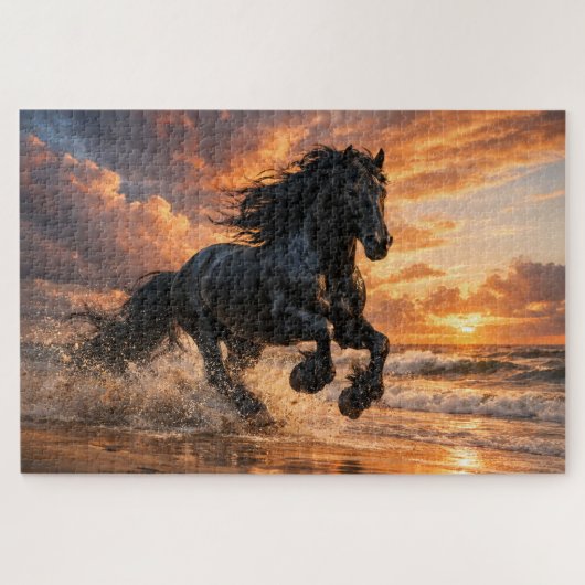 Black Friesian Horse at Sunset, Powerful Beach Run Puzzle (Horizontal)