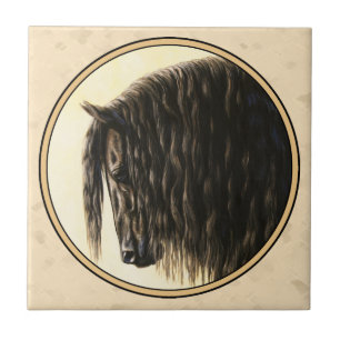 Black Friesian Horse Beige Fliese