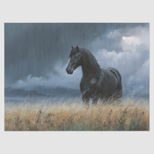 Black Friesian Stallion Dramatischer Dekoupage Seidenpapier (Vorderseite)