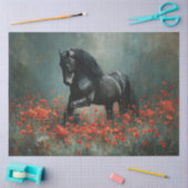 Black Friesian Stallion Red Poppies Decoupage Seidenpapier (Basteln)