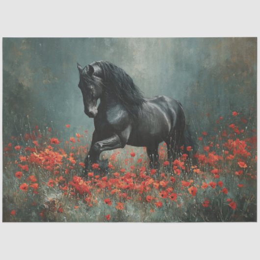 Black Friesian Stallion Red Poppies Decoupage Seidenpapier (Vorderseite)