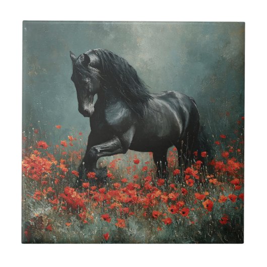 Black Friesian Stallion Red Poppies Fliese (Vorderseite)