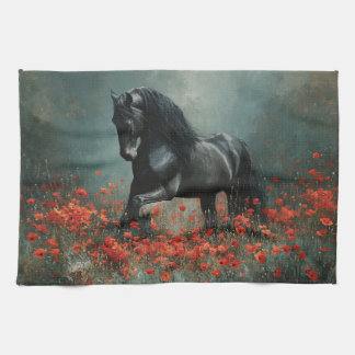 Black Friesian Stallion Red Poppies Geschirrtuch