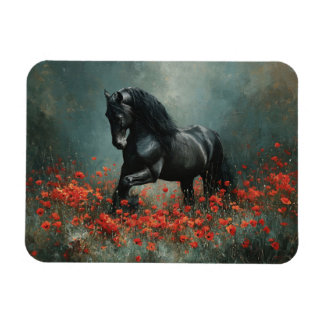 Black Friesian Stallion Red Poppies Magnet