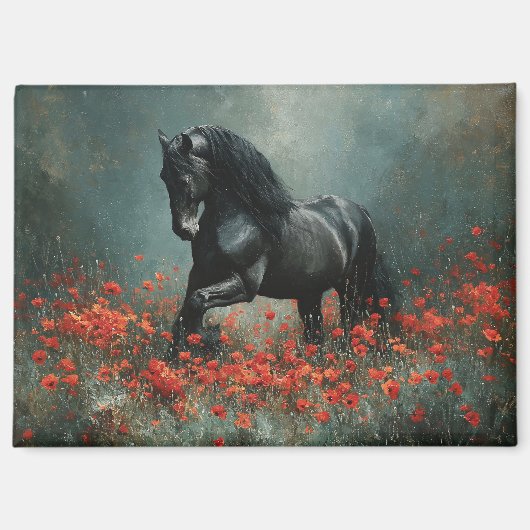 Black Friesian Stallion Red Poppies Magnet (Vorderseite)