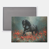 Black Friesian Stallion Red Poppies Magnet (Vorderseite/Rückseite)