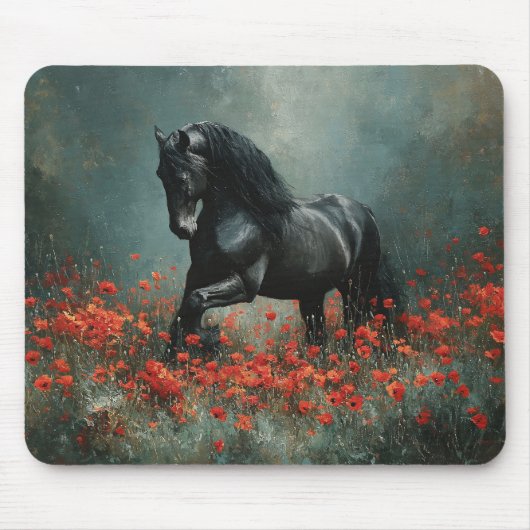 Black Friesian Stallion Red Poppies Mousepad (Vorne)