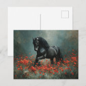 Black Friesian Stallion Red Poppies Postkarte (Vorne/Hinten)