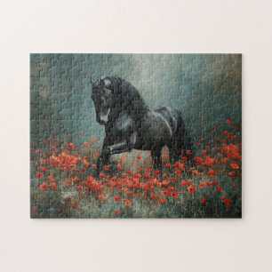Black Friesian Stallion Red Poppies Puzzle