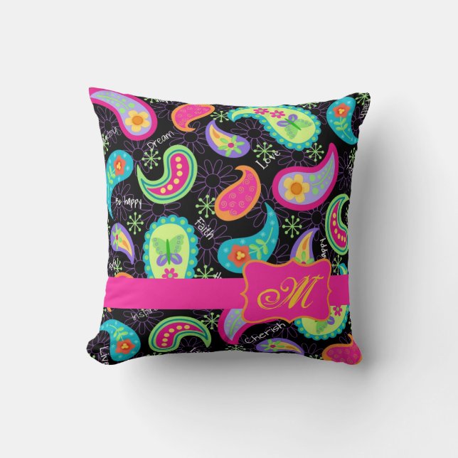 Black Fuchsia Pink Modern Paisley Monogram Kissen (Vorderseite)