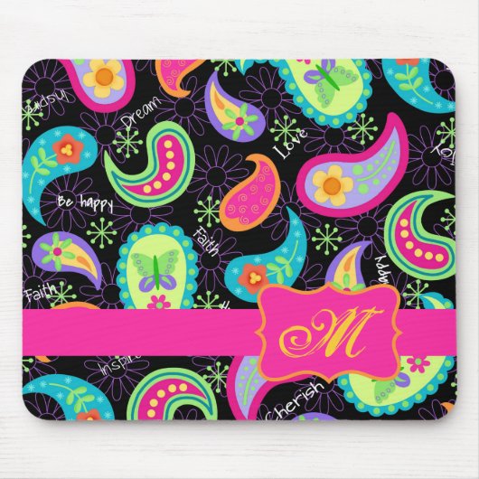 Black Fuchsia Pink Modern Paisley Monogram Mousepad (Vorne)