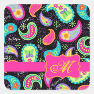 Black Fuchsia Pink Modern Paisley Monogram Quadratischer Aufkleber