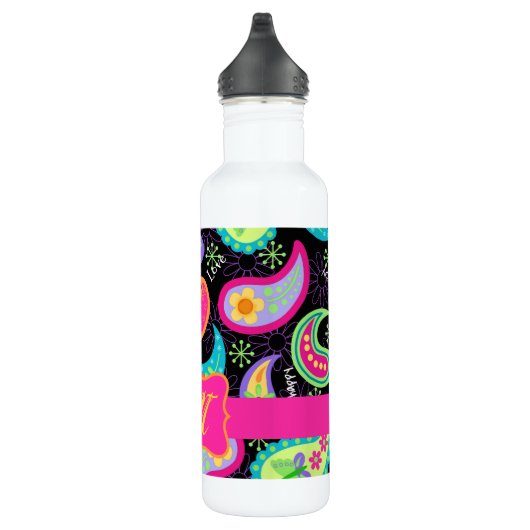 Black Fuchsia Pink Modern Paisley Monogram Trinkflasche (Rechts)