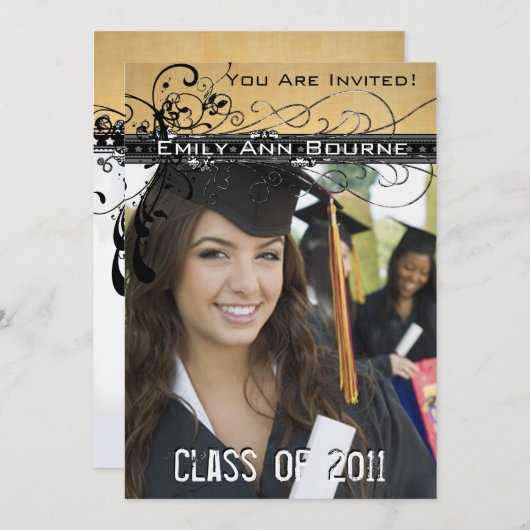 Black Funky Eleganter Wirbel Abschluss Einladung (Vorne/Hinten)