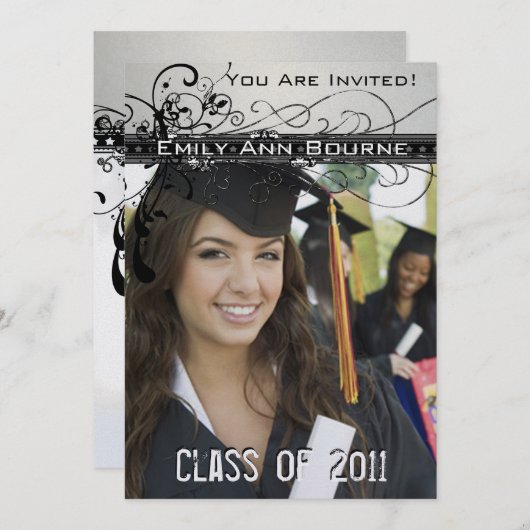 Black Funky Eleganter Wirbel Abschluss Einladung (Vorne/Hinten)