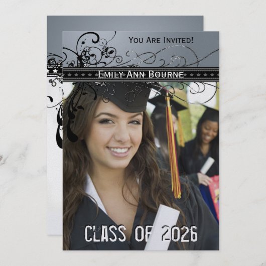 Black Funky Eleganter Wirbel Abschluss Einladung (Vorne/Hinten)