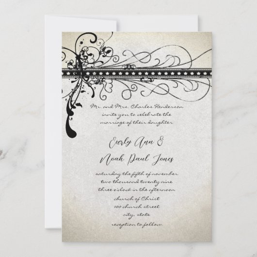 Black Funky Textured Elegant Wirbel Einladungen (Vorderseite)