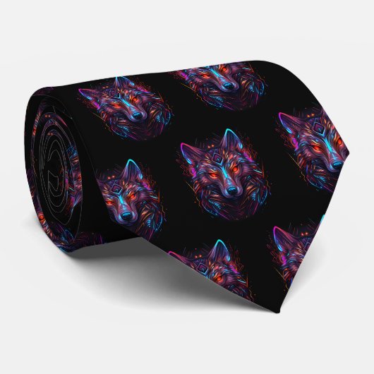 Black Futuristic Neon Wolf Krawatte (Gerollt)