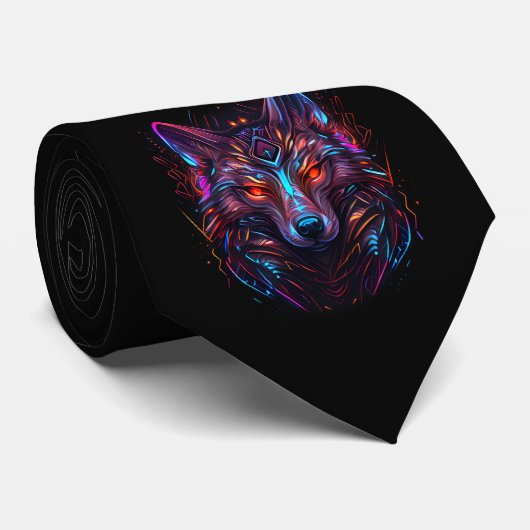 Black Futuristic Radiant Neon Wolf Necktie Krawatte (Gerollt)