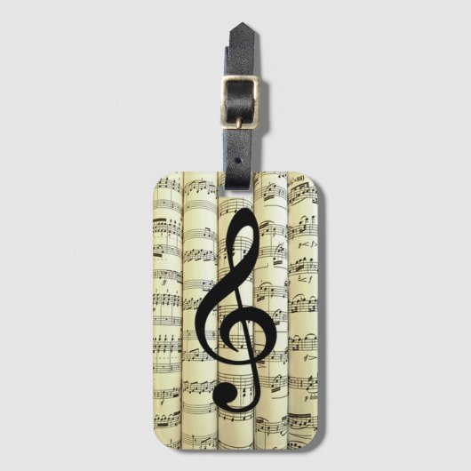 Black G clef auf Rolled Sheet Music ~ Gepäckanhänger (Vorderseite Vertikal)